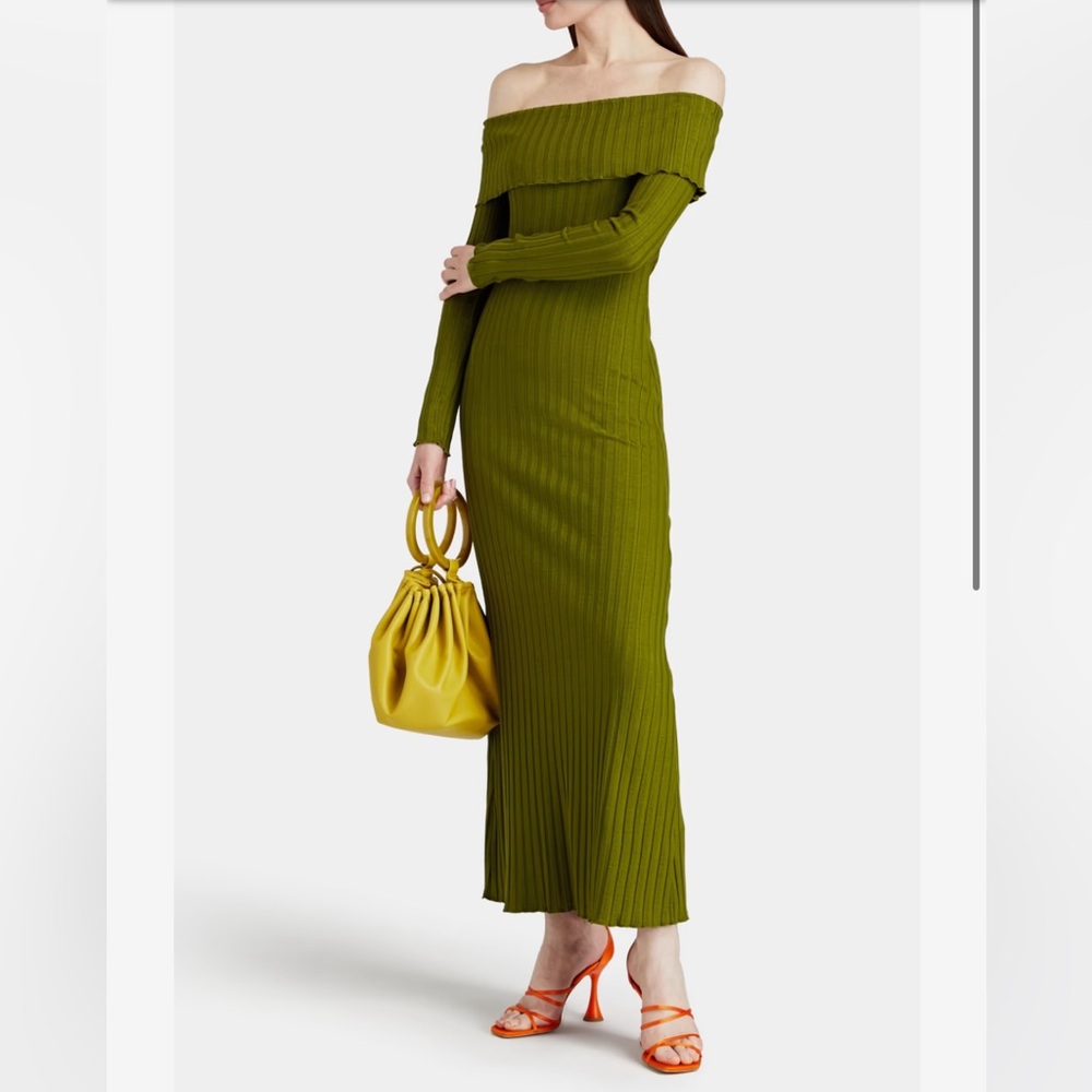 Simon Miller Espen Off-The-Shoulder Ribbed Jersey Maxi Dress in Army Green